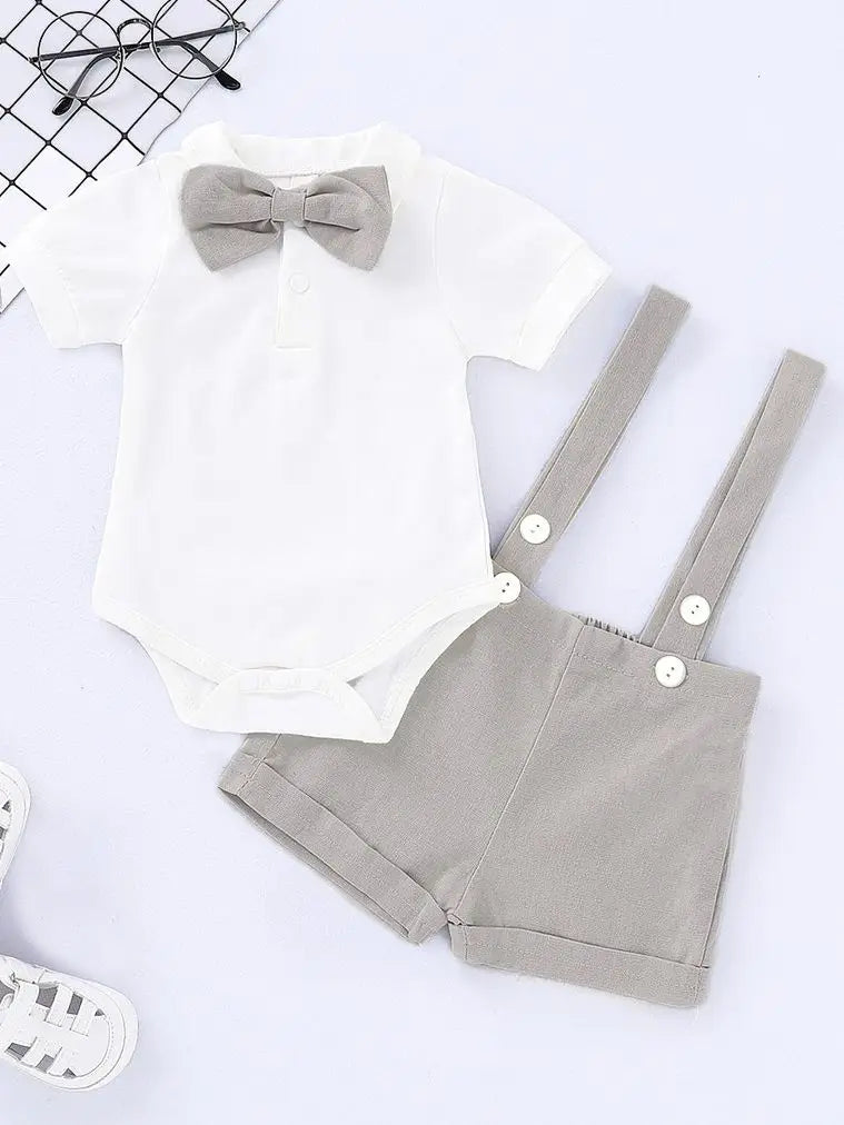 0-24 Months Baby Boy Outfits Gentlemen Suit Wedding Party Set Lapel Romper with Bow Tie+Suspender Shorts 2PCS Summer Wear