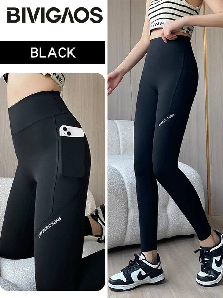 BIVIGAOS Side Pocket Shark Leggings Women Thin Spring Summer Seamless Sports Fitness Leggings High Waist Running Yoga Leggings