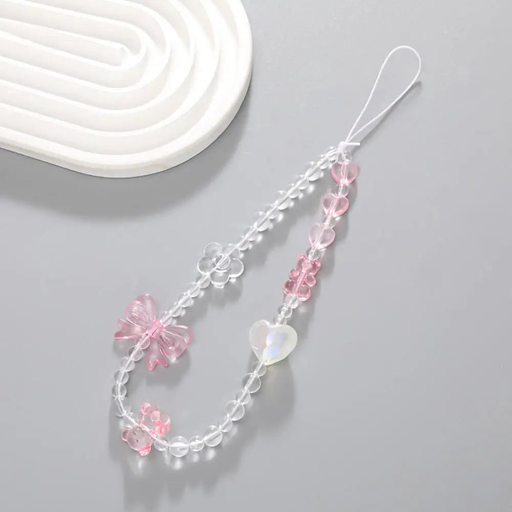Bowknot Beaded Mobile Phone Chain Charm Acrylic Heart Beaded Pendant Phone Hanging Lanyard Strap Women Girls Sweet Accessories
