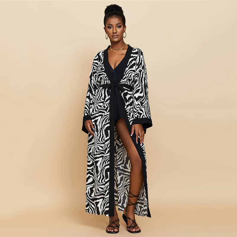 Women Long Beach Kimono Curve Hem Loose Open Front Tie Dye Bathing Suit Cover up