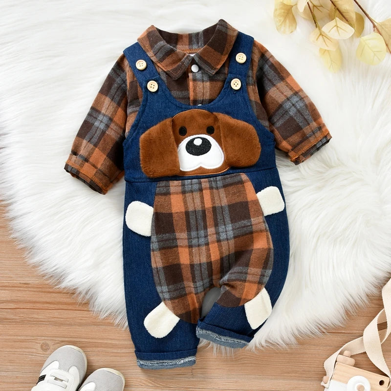 0-18M Baby Boys Spring Fall Clothes Set Newborn Infant Long Sleeve Plaid Shirt Romper + Animal Dog Denim Suspender Pant Overalls