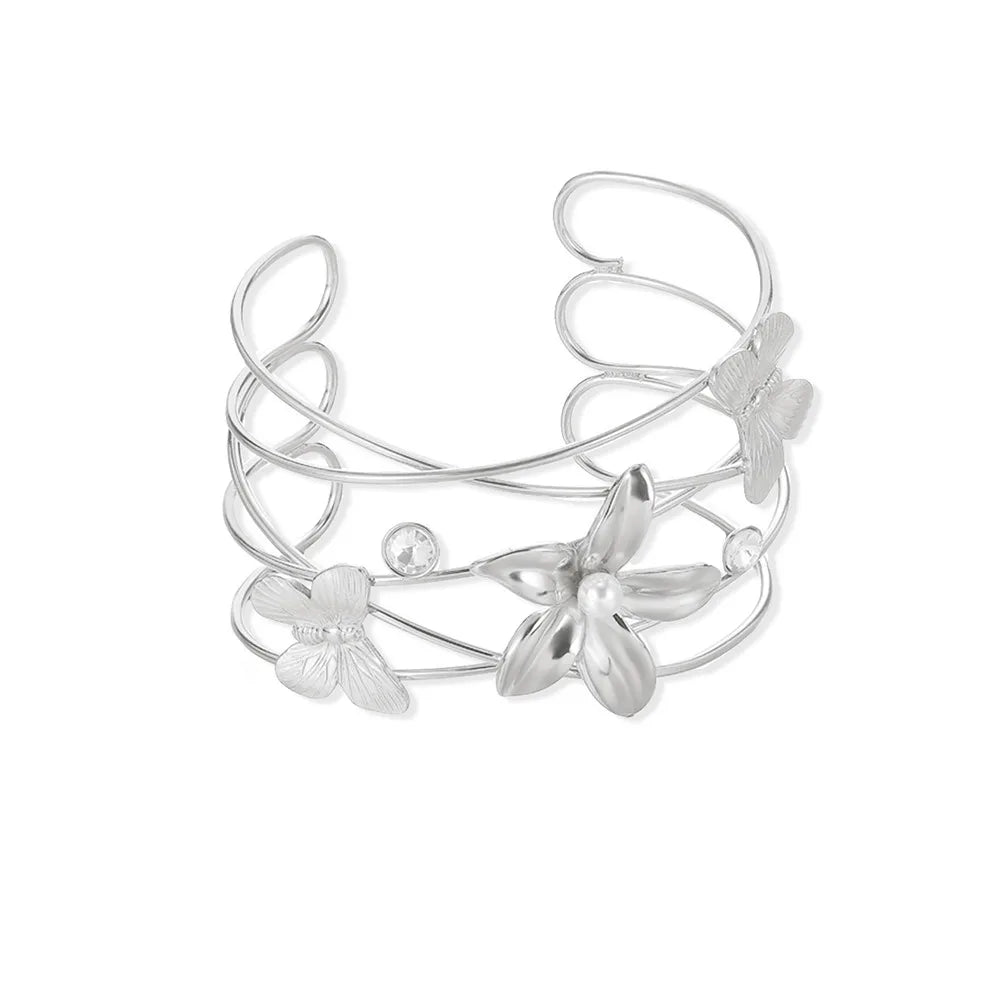 Exaggerated Flower Bangles For Women Gold Color Stainless Steel Flower Butterfly Geometric Bangle Jewelry Wedding Party Gift