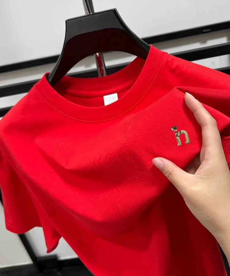 100% pure cotton new high-end brand men's round neck short sleeved T-shirt summer fashion dog embroidery Korean loose design top