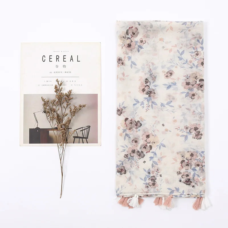 Fashion Printing Flower Tassel Shawl Cotton Viscose Scarf Women Beach Sunscreen Shawl Muslim Hijab Wrap Headscarf 180*90cm
