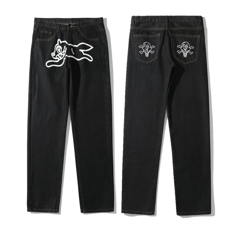 2024 Cyber Y2K Fashion Flying Dog Printed Baggy New Jeans Pants For Men Designer Clothes Luxury Kanye Straight Cowboy Trousers