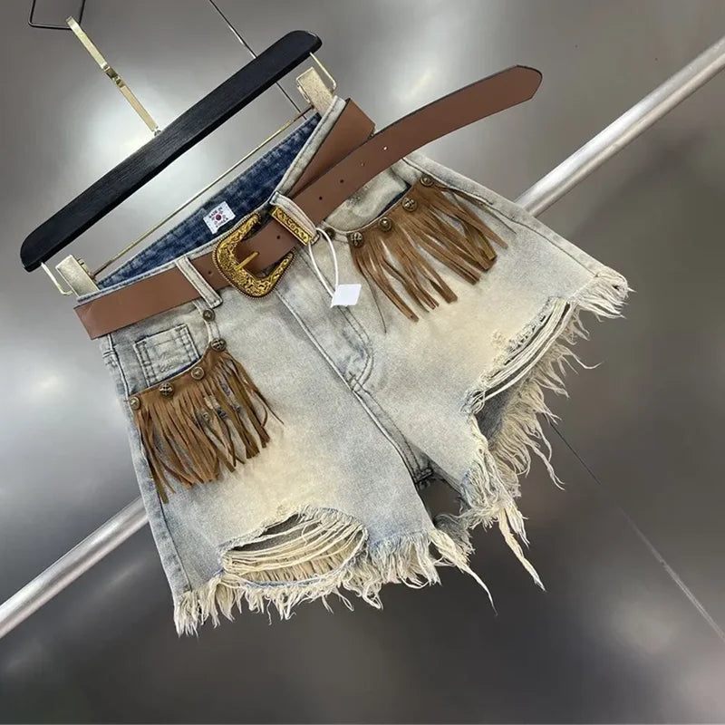 Hot Girl Fringe Frayed Edge Ripped Hole Jeans Women's 2025 New Summer Retro Slim Wide Leg Shorts Pants