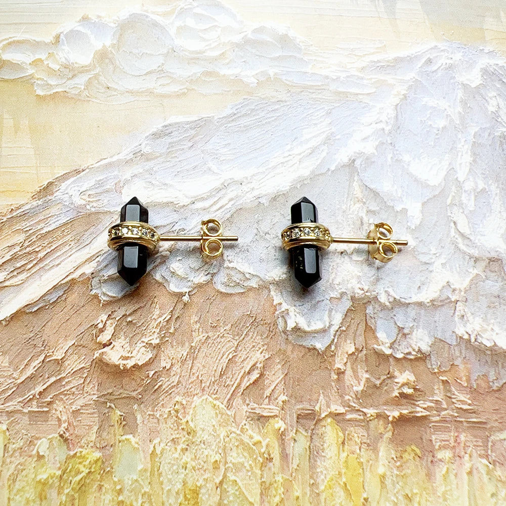 Gold Plated Ear Studs Hexagonal Onyx Europe Vintage Fine Jewerly For Women Gift In Pure 925 Sterling Silver