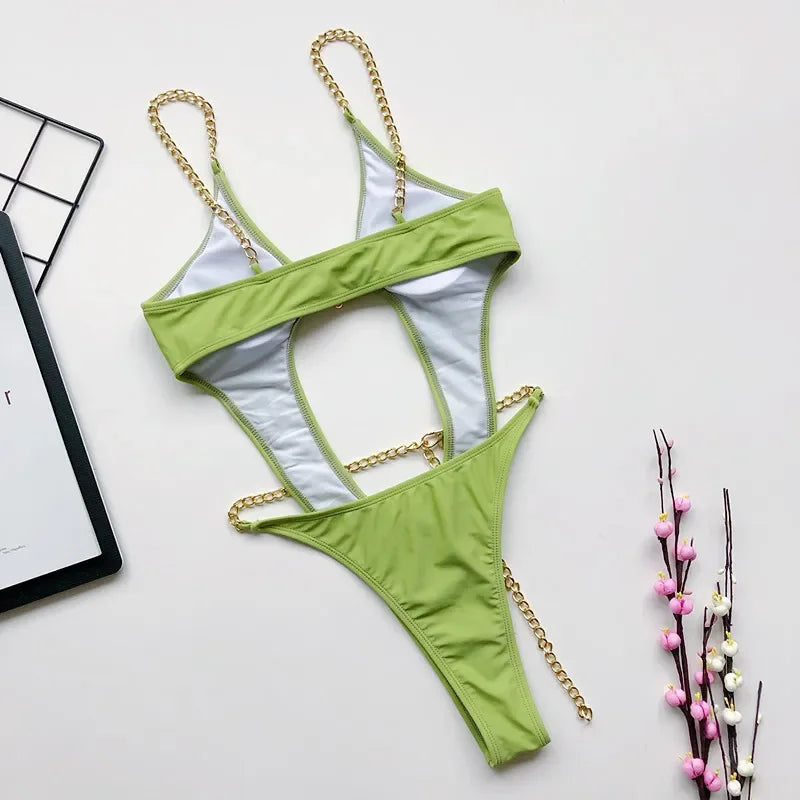 Women Luxury Sexy Swimsuit Halter Push Up Bandage Swimwear Bikini Thong Swimsuit Chain Push Up Beachwear