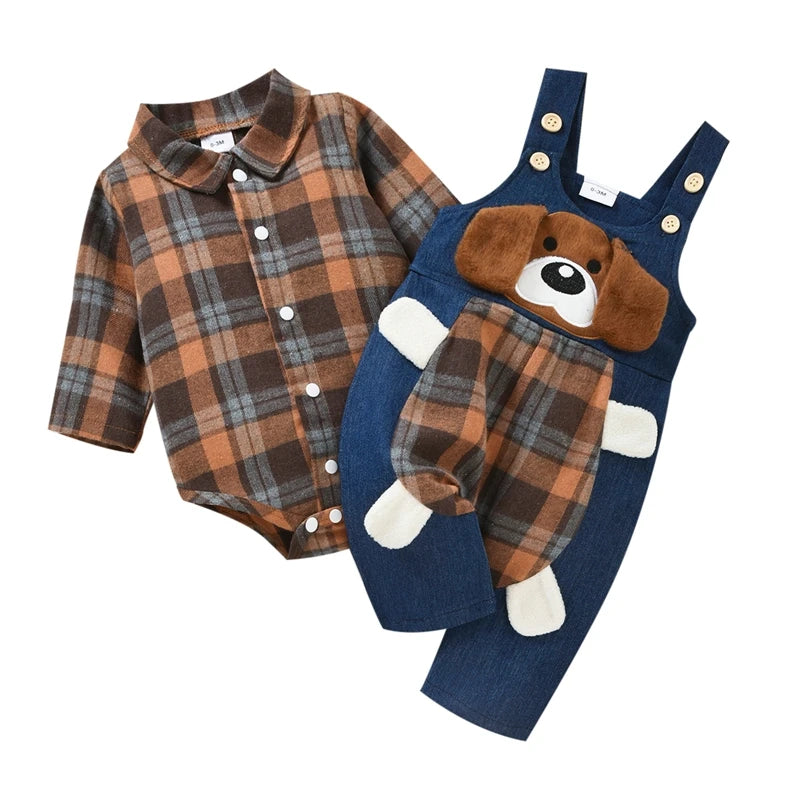 0-18M Baby Boys Spring Fall Clothes Set Newborn Infant Long Sleeve Plaid Shirt Romper + Animal Dog Denim Suspender Pant Overalls
