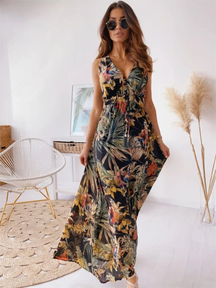Women's Summer New Fashionable Printed Sexy V-neck Sleeveless Bareback Strap With Waist Drawstring Casual Loose Long Dress