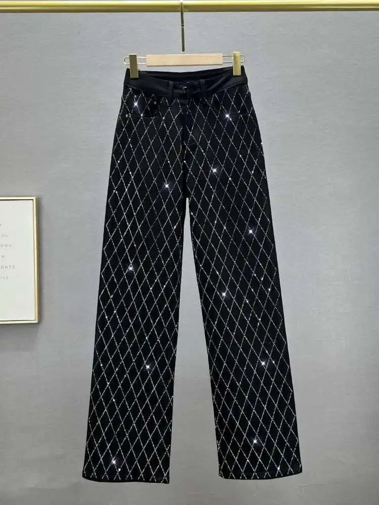 DEAT Women's Jeans High Waist One Side Plaid Shape Diamonds Straight Wide Leg Classic Denim Pants 2025 New Fashion Summer