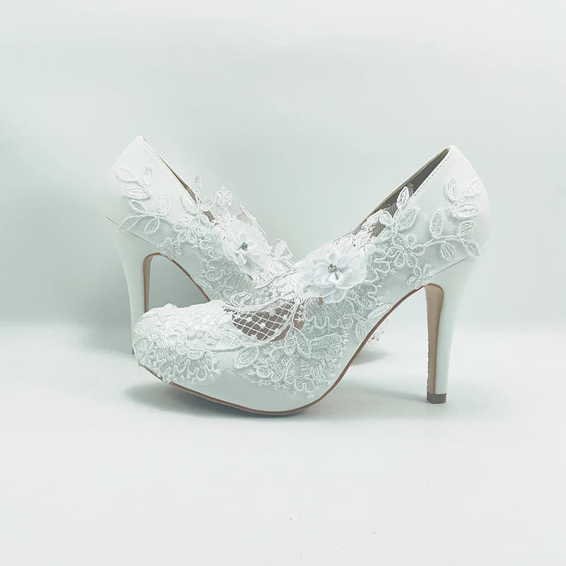 2024 New Customize wedding shoes Bridesmaid Dress shoes Thick Heeled Med Heel Shoes white Lace shoes flower female shoes