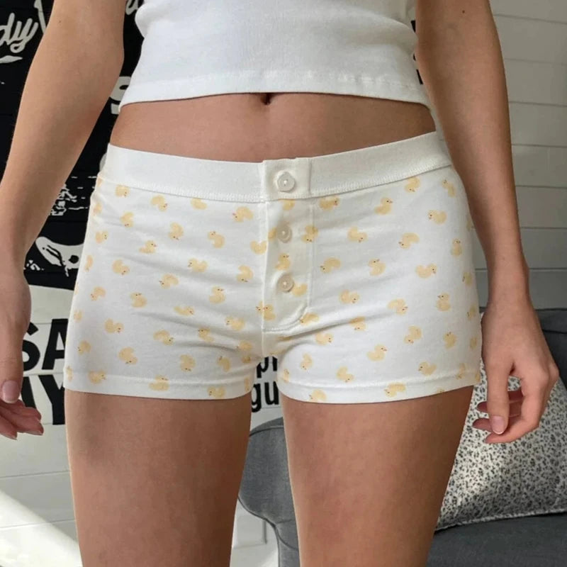 00s Cottage Cute Button Shorts Y2k Aesthetic Elastic Waist Pajama Pants Comfy Soft Sleep Bottoms Teen Girl Women Retro Shorts