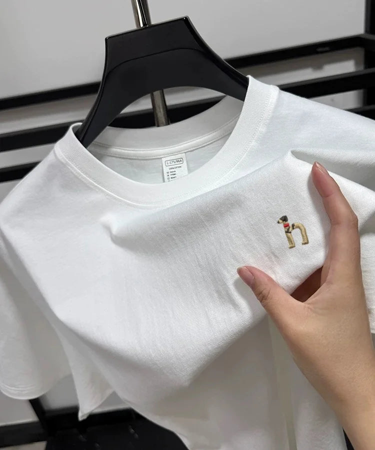 100% pure cotton new high-end brand men's round neck short sleeved T-shirt summer fashion dog embroidery Korean loose design top