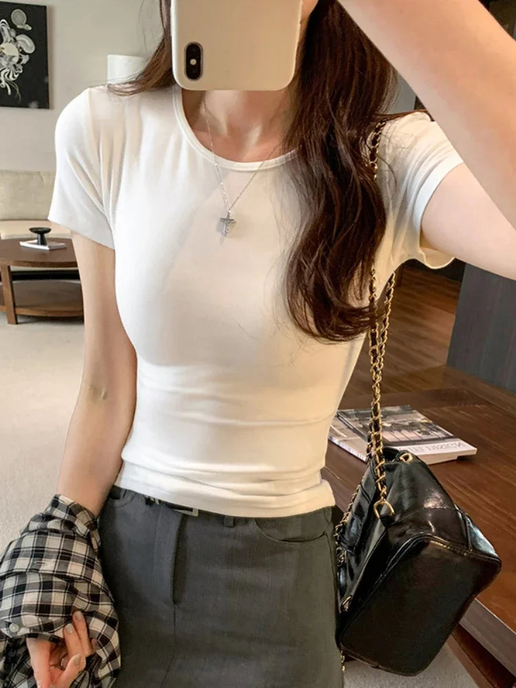 O Neck Solid T Shirt For Women Basic T-shirts Female Casual Tops Long Sleeve Sexy Slim Tees Korean Style Womens Clothin 2025g
