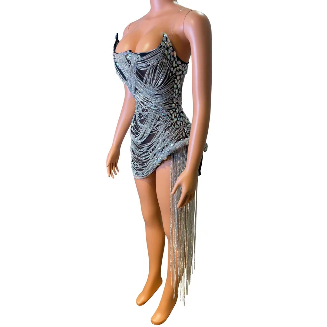 Bling Bling Diamond Fringe Dress Sexy Spaghetti Straps Birthday Party Dress Robe De Soiree Summer Night Out Club Costume Luoli