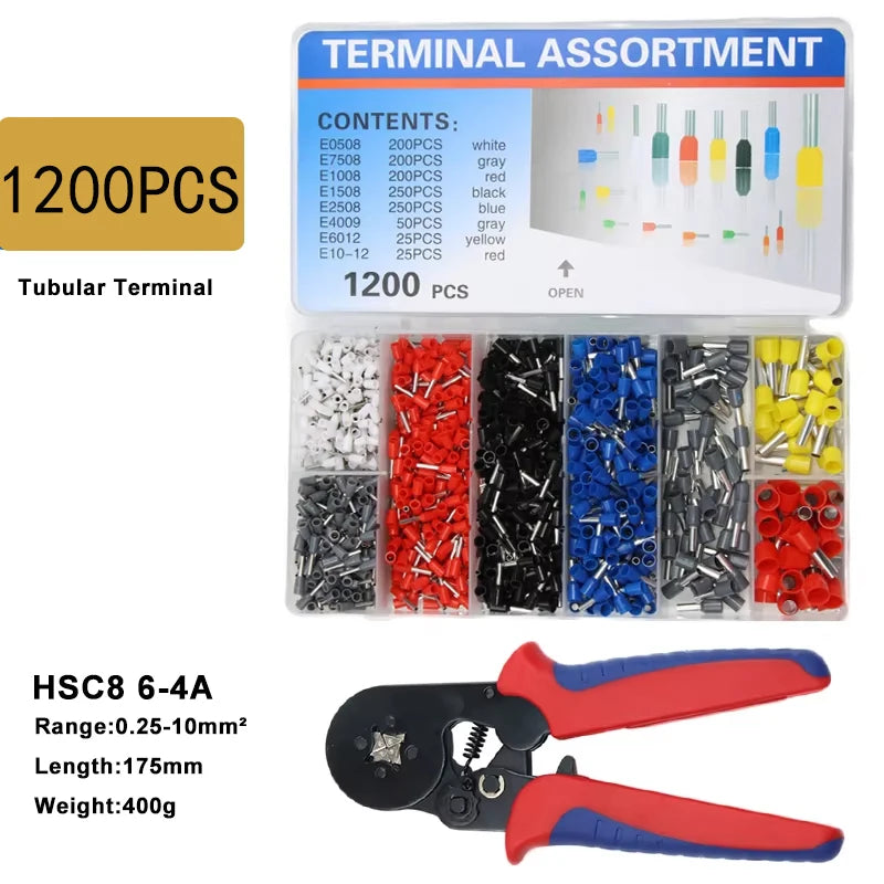 VE Tubular Crimping Terminal Ferrule Kit with 800-1900PCS HSC8 6-4A 0.25-10mm² Pliers Mini Wire Ferrule Fixture Kit