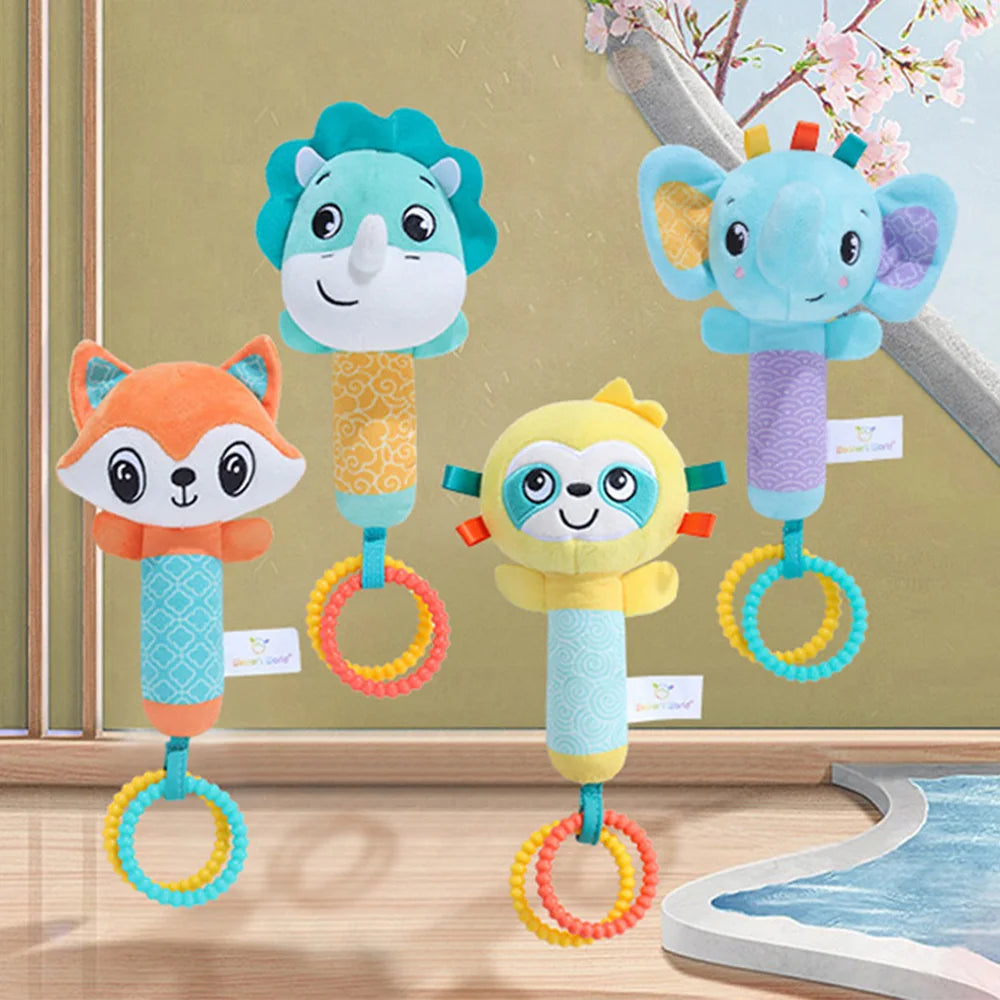 Baby Rattles Soft Hand Crank Toys Cartoon Animal with BB Call Voice Plush Toys Squeaky Sensory Travel Accessories for Toddler