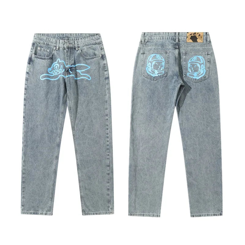 2024 Cyber Y2K Fashion Flying Dog Printed Baggy New Jeans Pants For Men Designer Clothes Luxury Kanye Straight Cowboy Trousers
