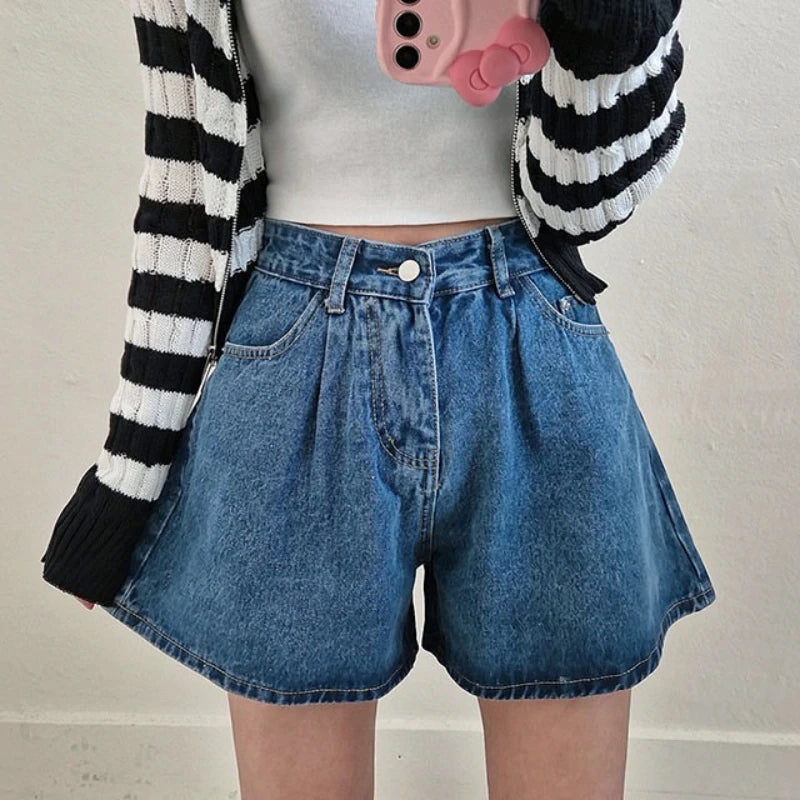 REALEFT Summer High Waist Women's A-line Denim Shorts Pocket 2025 New Single Button Casual Loose Wide Leg Jeans Shorts Female