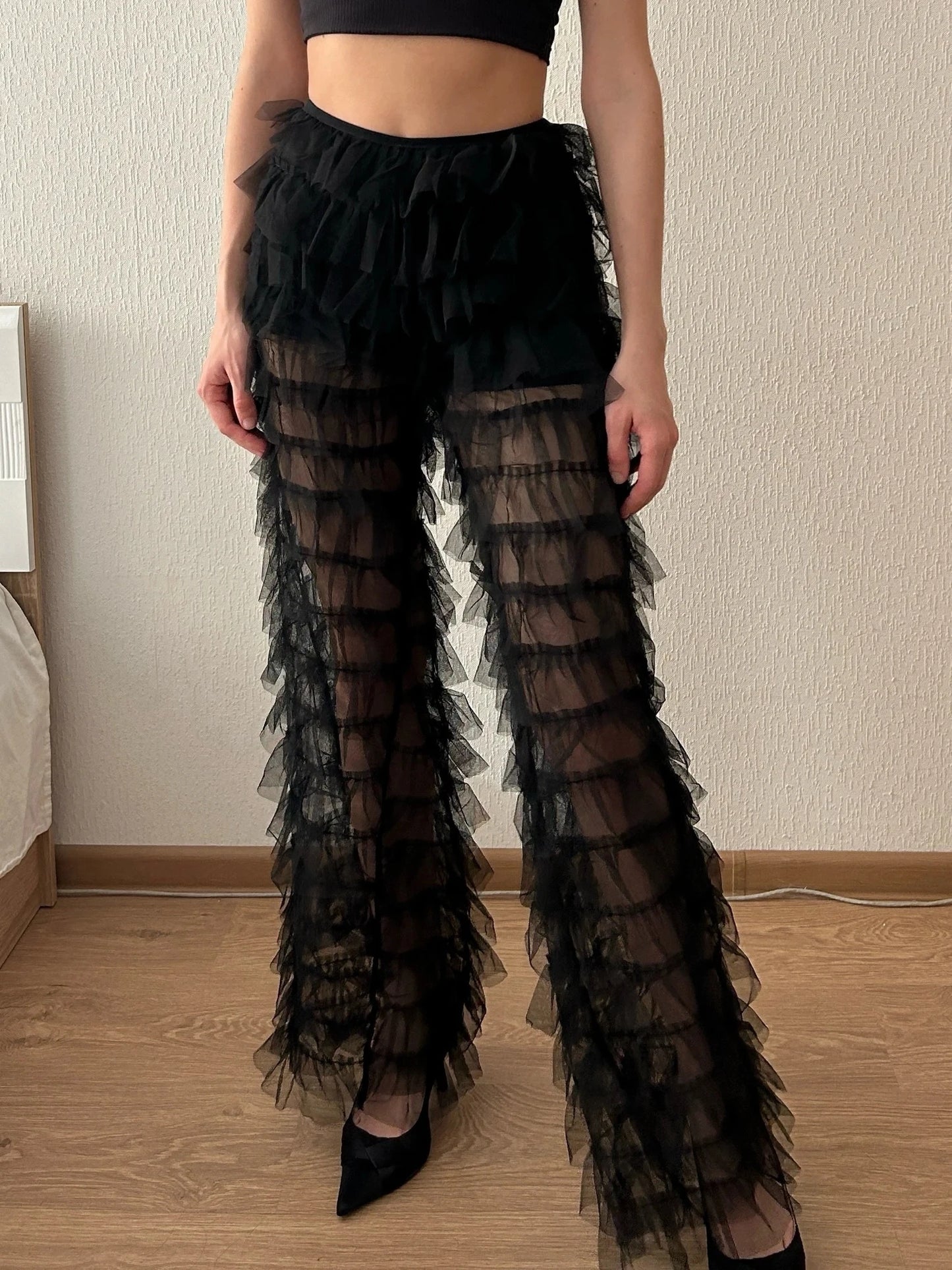 SINGREINY Fashion Mesh Long Pants Women Tierred High Waist American Fashion Streetwear 2024 Y2k Vintage Sheer Flare Trousers