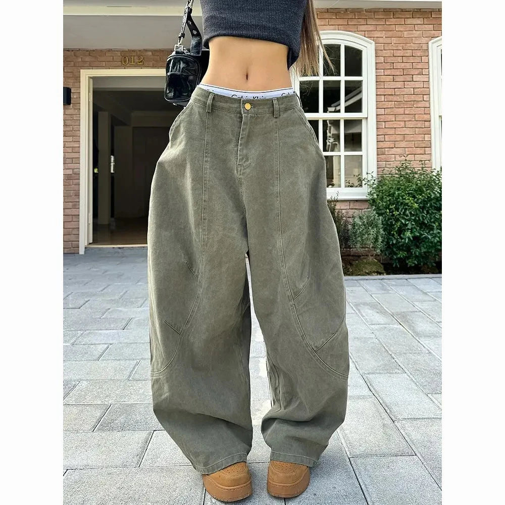 EOTVOTEE American Style Vintage Washed Jeans for Women Y2k Fashion High Waist Wide Leg Cargo Pants 2025 New Casual Cargo Jeans