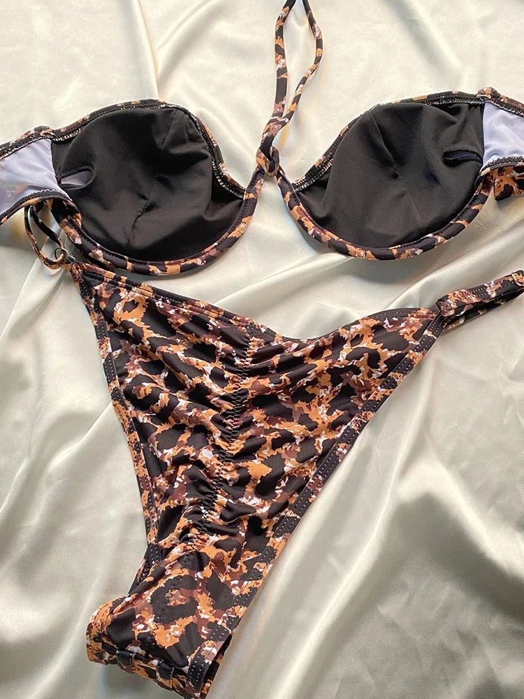 OIINAA Bathing Suit Women Sexy Solid Bikini Set Halter Leopard Printed Swimwear Patchwork Lace Up Two-pieces New Thong Beachwear