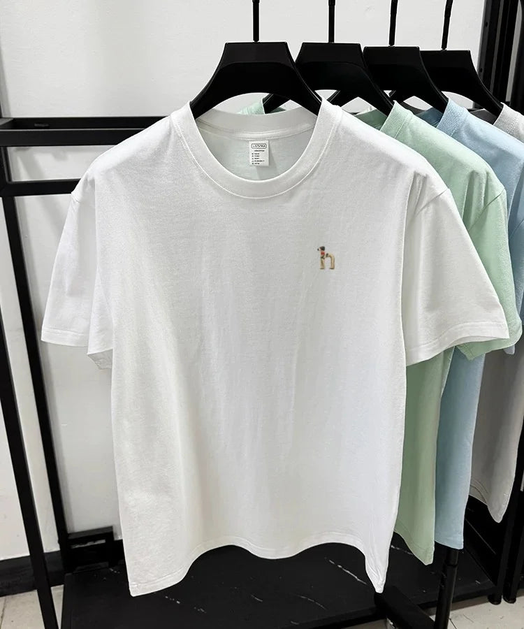 100% pure cotton new high-end brand men's round neck short sleeved T-shirt summer fashion dog embroidery Korean loose design top
