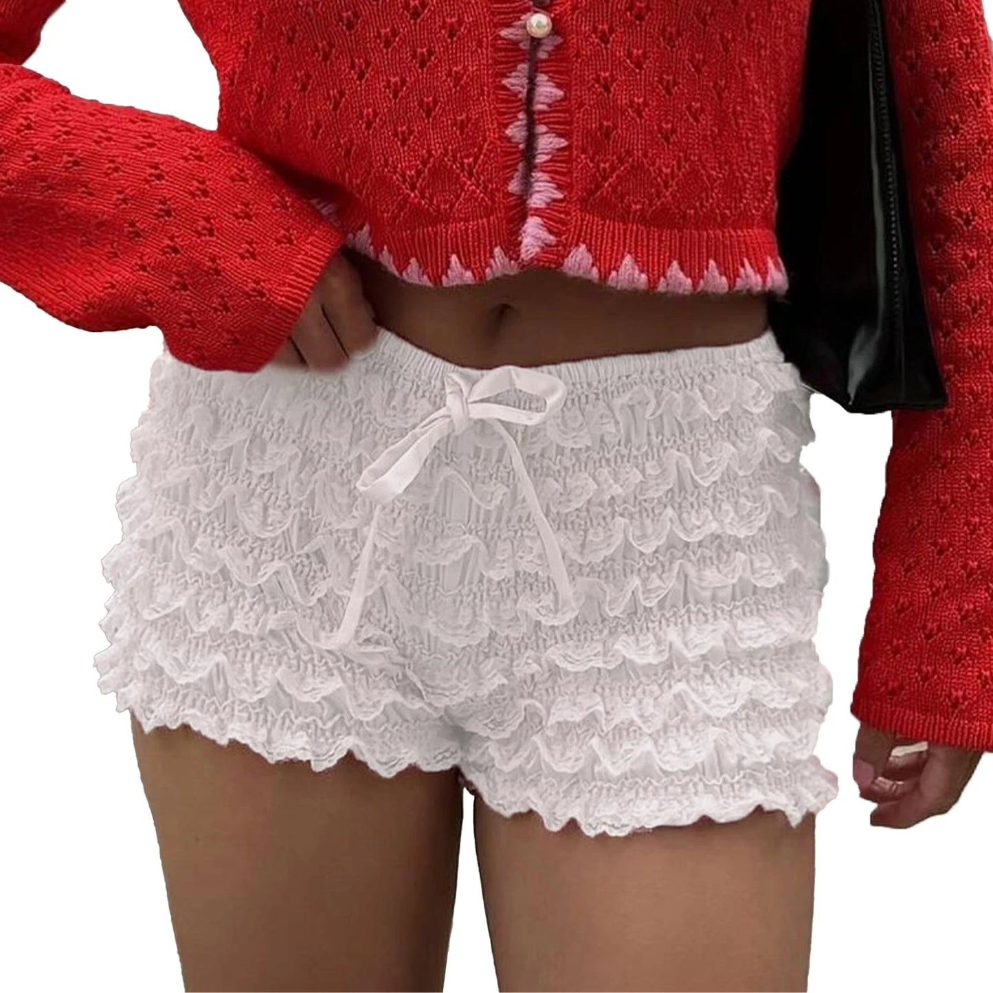 Y2K Coquette Women's Mini Shorts Layered Lace Frill Trim Elastic Waist Tie-Up Bow Bloomer Shorts for Summer Streetwear