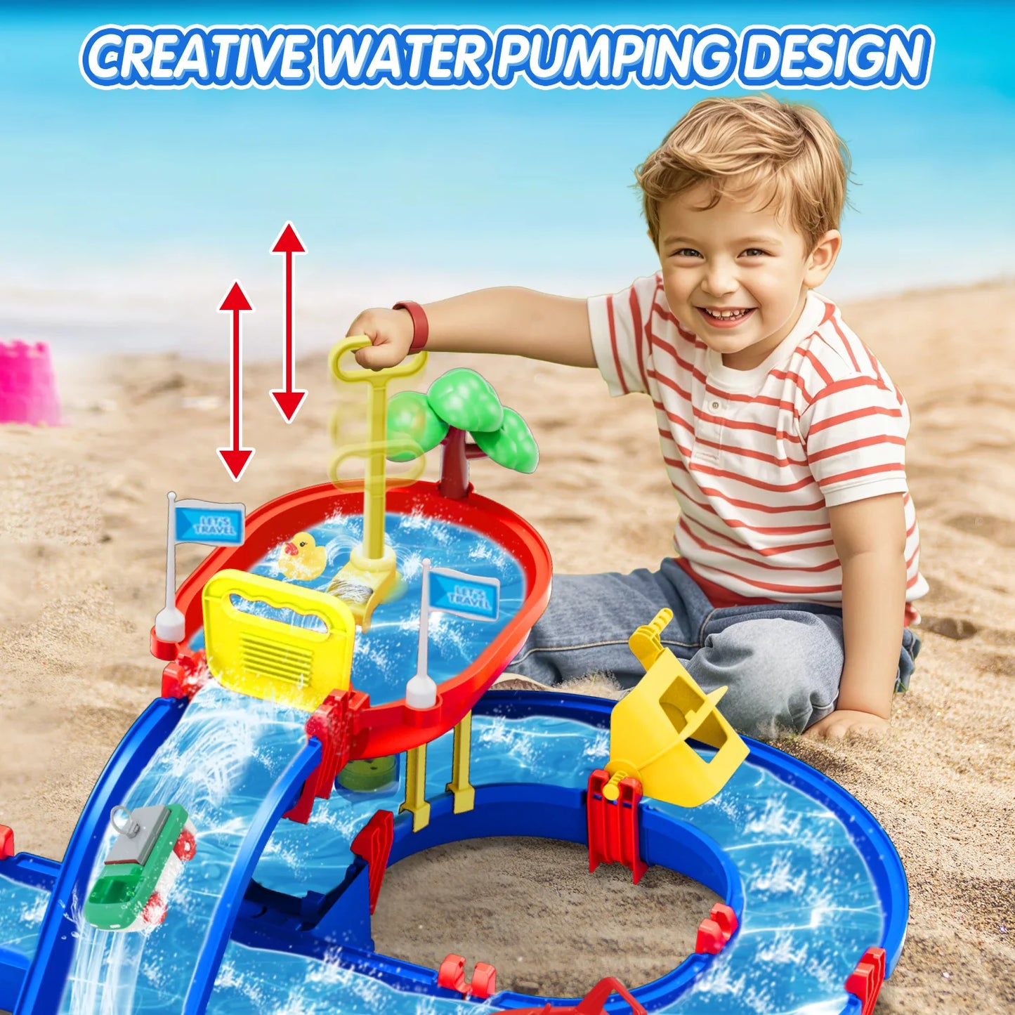VATOS Summer Outdoor Kids Water Table 2-Tier Toddlers Water Table Playset Pool Waterway Toy with Pump Outside Activity Kids Fun