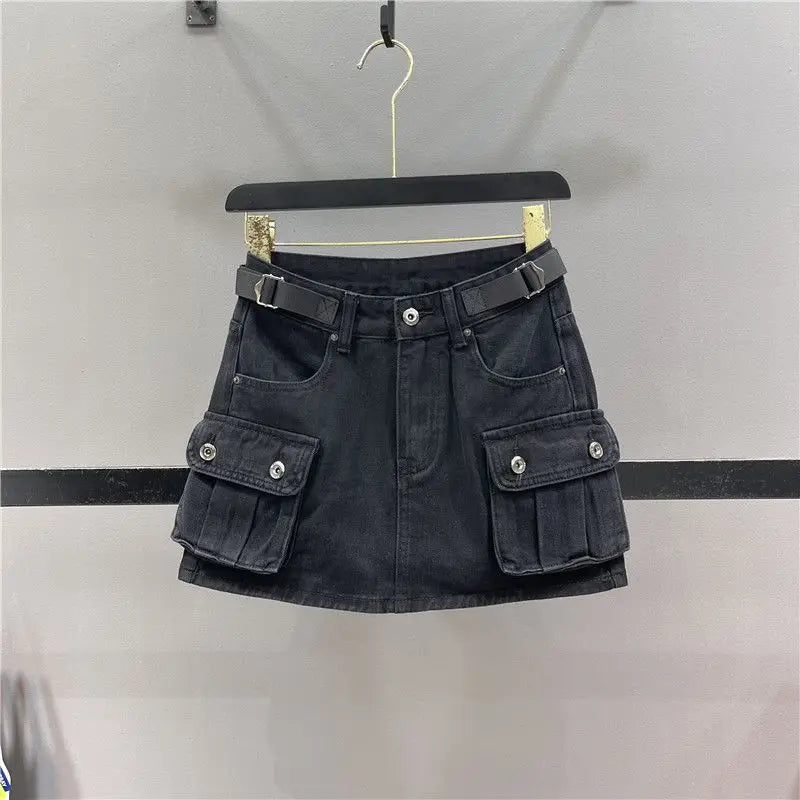 Zipper Fly Denim SKirts with Button Women's Denim Cargo Skirts with Pockets Sexy Mini A-line Jean Skirts Female Streetwear