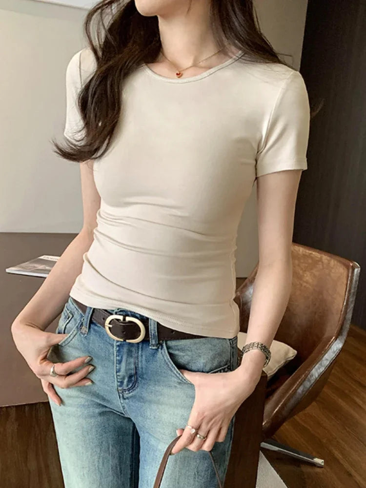 O Neck Solid T Shirt For Women Basic T-shirts Female Casual Tops Long Sleeve Sexy Slim Tees Korean Style Womens Clothin 2025g