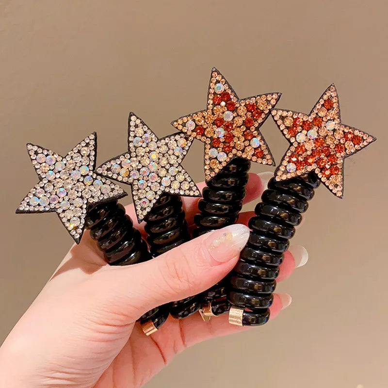 Cwllrn 1PC Rhinestone Star Hair Tie Ponytail High Elastic Durable Scrunchies Hair Bands For Girl Korean Hair Ropes Bands