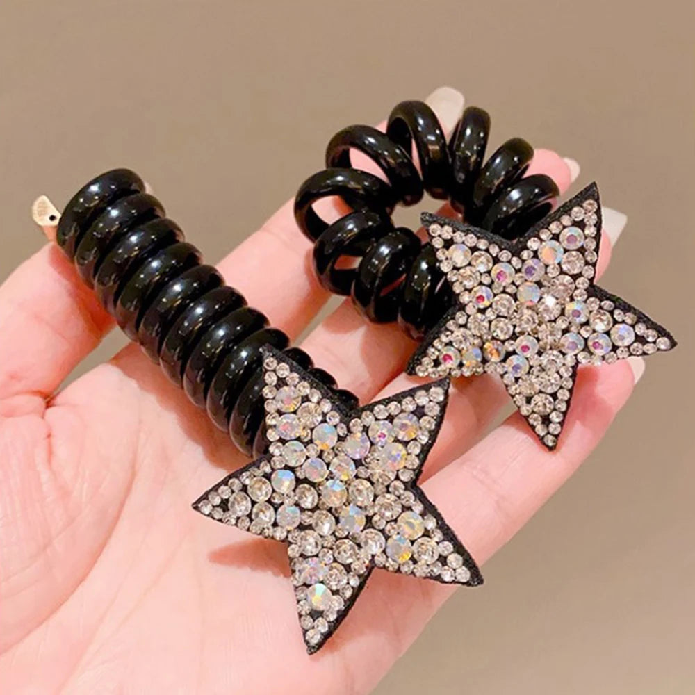Cwllrn 1PC Rhinestone Star Hair Tie Ponytail High Elastic Durable Scrunchies Hair Bands For Girl Korean Hair Ropes Bands
