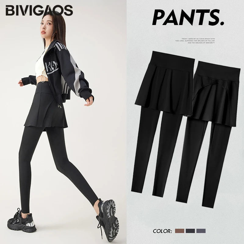 BIVIGAOS 2024 Spring Summer New Sports Yoga Leggings Culottes Women Fake Two-Piece Pants Skirt High Waist Shark Leggings