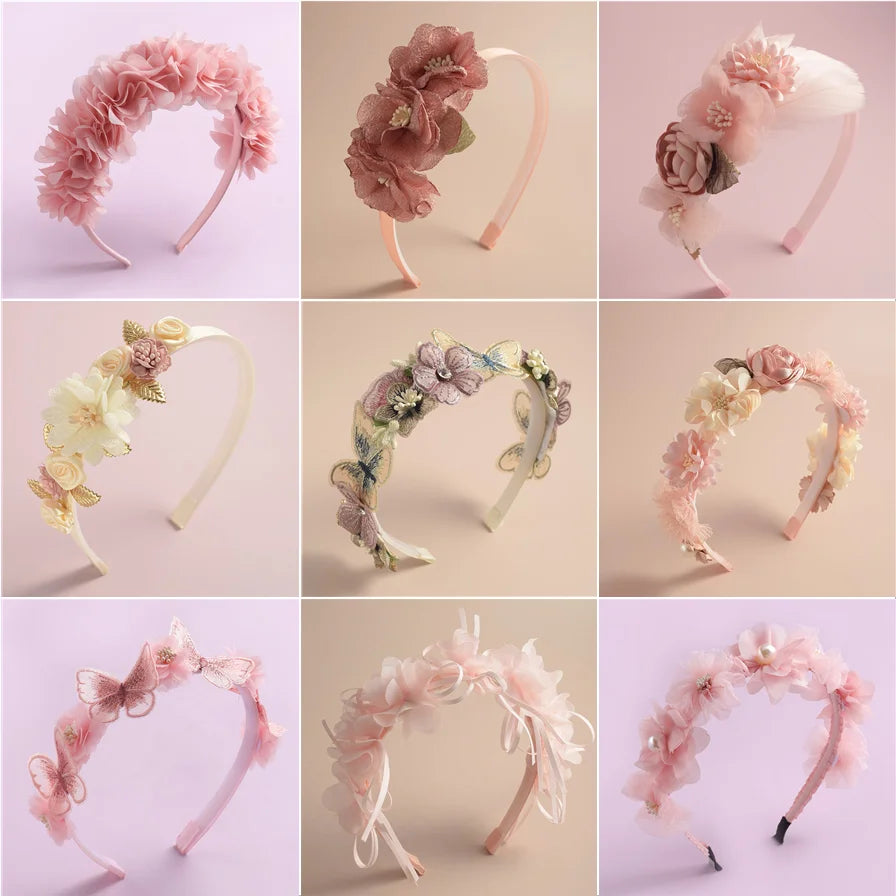 Advanced Handmade Flower Girls Headbands Cute Pearl Feather Wedding Crown Princess Dance Party Headwear Fashion Hoop Accessories