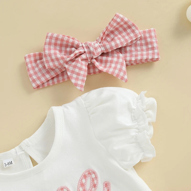 0-18M Baby Girls 1st Birthday Outfits Letter Short Puff Sleeve Romper with Plaid Print Shorts and Headband