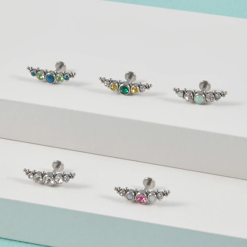 1PC Surgical Steel Internal Thread Labret Lip Ring Opal&Zircon Cluster Curved Ear Cartilage Tragus Helix Daith Piercing Jewelry