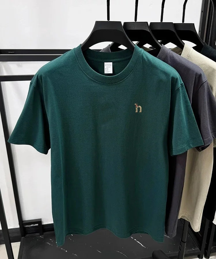 100% pure cotton new high-end brand men's round neck short sleeved T-shirt summer fashion dog embroidery Korean loose design top