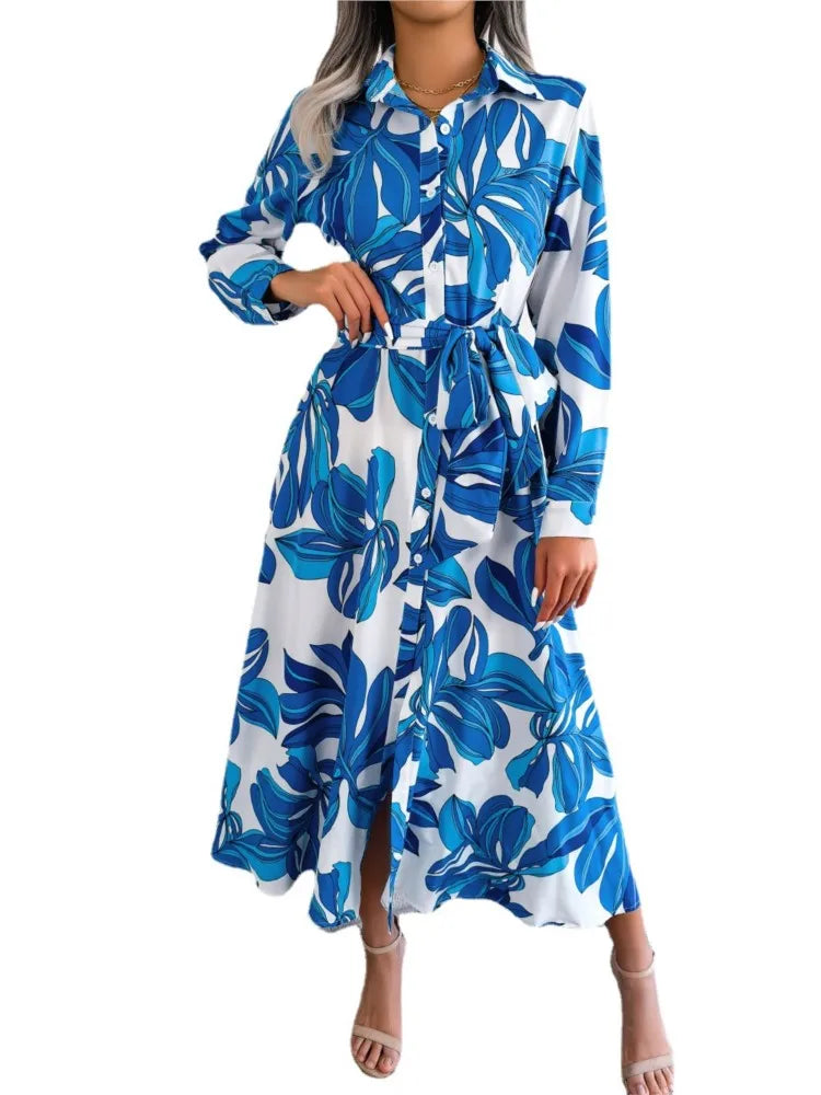Women's Spring Summer New Fashion Print Contrasting Flower Lapel Tie Waist Cinched Long Sleeved Shirt Skirt Mid Length Skirt
