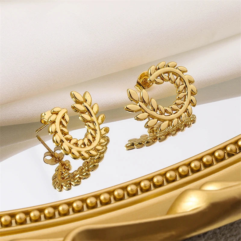 316L Stainless Steel New Fashion Fine Jewelry Concise Spiral C-Shaped Ear Of Wheat Leaves Tender Branches Stud Earring For Women