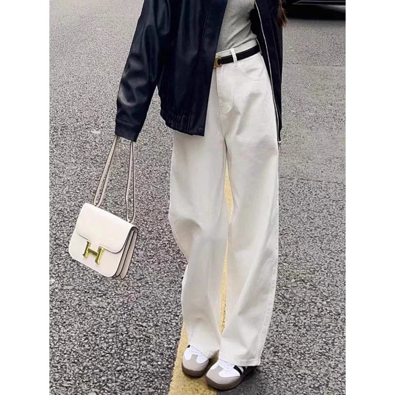 ZOENOVA 2024 New Straight Jeans Women White Plus size High Waist Loose Wide Leg Pants Spring Baggy Korean Fashion Pants