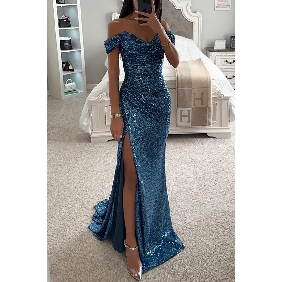 Women New Party Sequins Strapless Split Dress Casual Fashion Dress Solid Color High Waist Floor Length