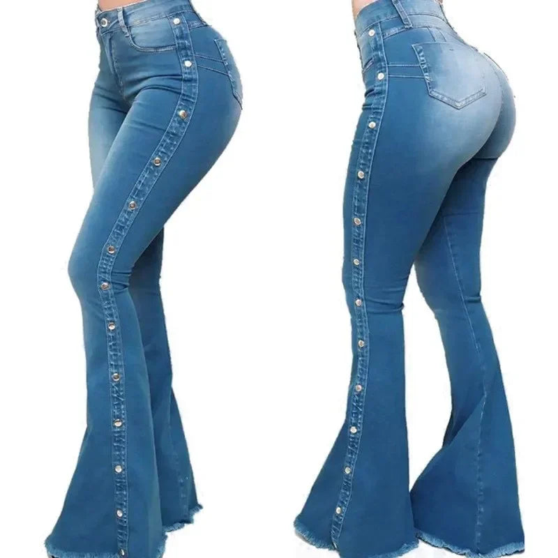 Mid Waisted Stretch Flare Jeans Women Denim Pants Wide Leg Butt-lifted Casual Korean Style Skinny Bell Bottom Pocket Trousers