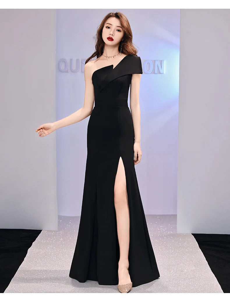 Host evening dress, light luxury, niche one shoulder black long dress, fishtail, one shoulder dress, female