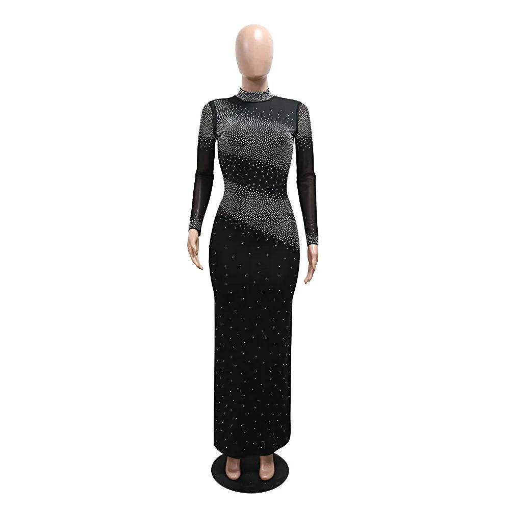 Women Evening Dresses High Neck Shiny Rhinestones Cocktail Elegant Party Dress Luxury Long Sleeve Formal Prom Dresses XSY015