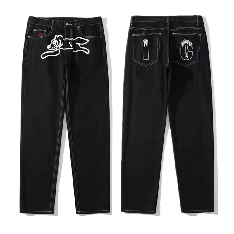 2024 Cyber Y2K Fashion Flying Dog Printed Baggy New Jeans Pants For Men Designer Clothes Luxury Kanye Straight Cowboy Trousers
