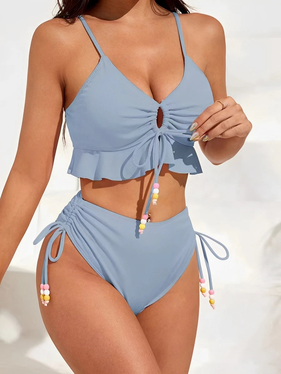 2025 High Waist Bikini Women Drawstring Swimwear Female Ruffle Swimsuit Solid Bathers Bathing Swimming Swim Suit Beachwear