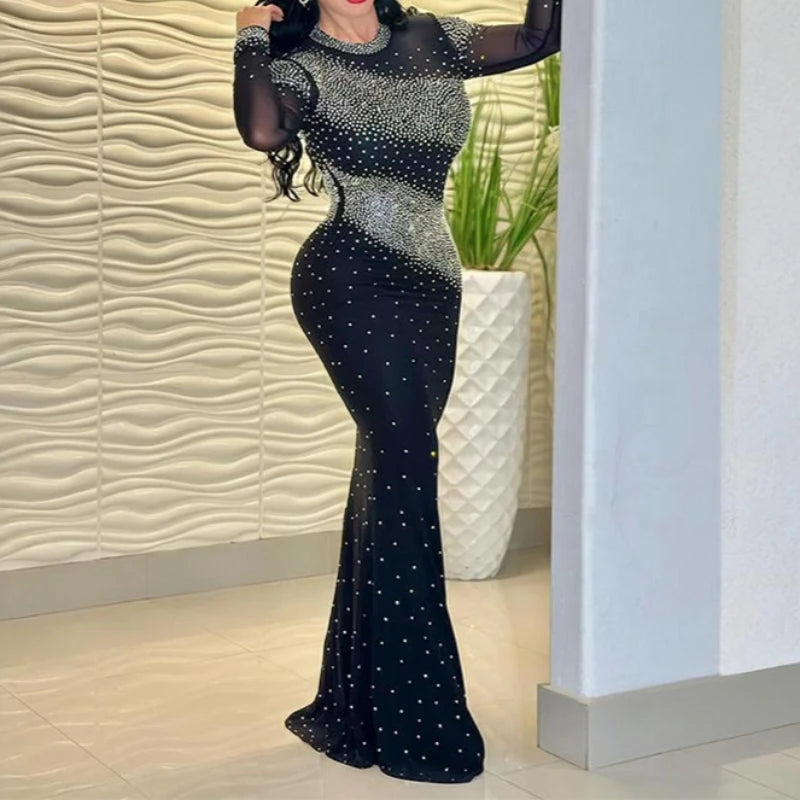 Women Evening Dresses High Neck Shiny Rhinestones Cocktail Elegant Party Dress Luxury Long Sleeve Formal Prom Dresses XSY015