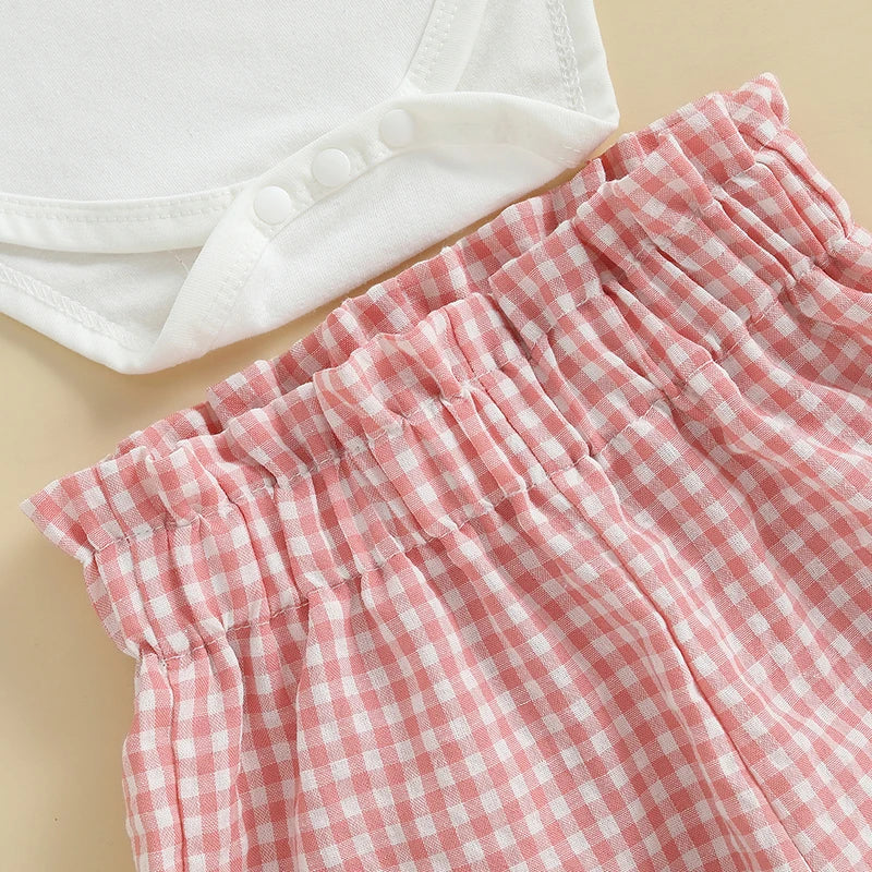 0-18M Baby Girls 1st Birthday Outfits Letter Short Puff Sleeve Romper with Plaid Print Shorts and Headband